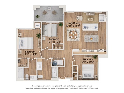 Floor plan for 3 beds, 2 baths, 1146 sqft